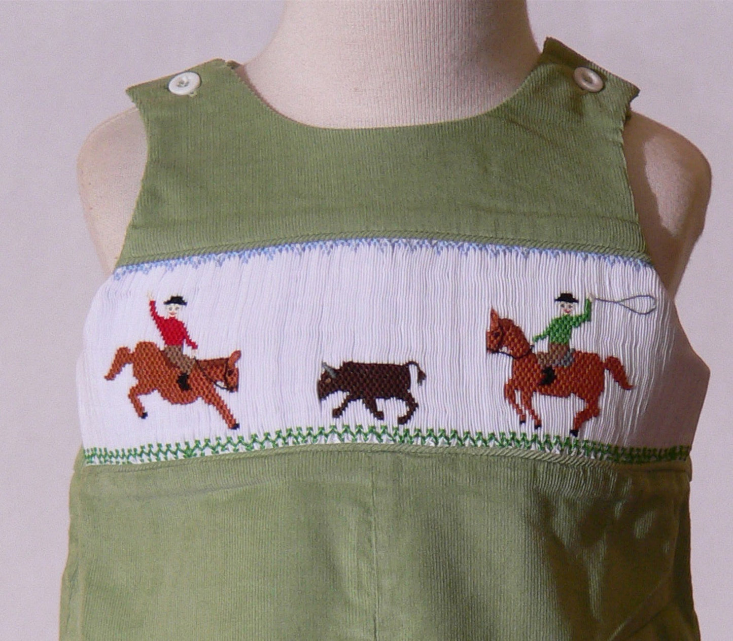 Sage Green Corduroy Rodeo Rider Smocked Boy Long Overall
