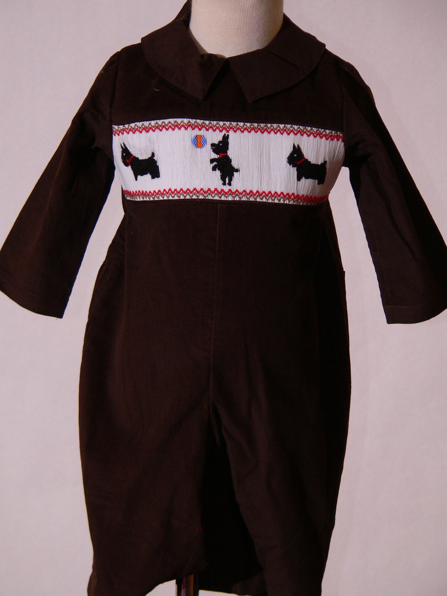 Brown Corduroy Dog Smocked Boy Long Overall