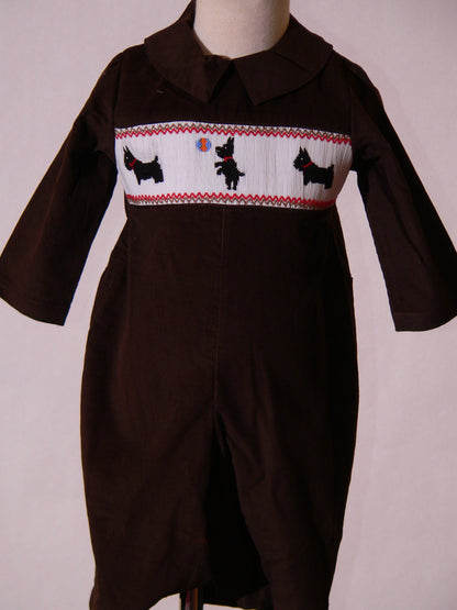 Brown Corduroy Dog Smocked Boy Long Overall