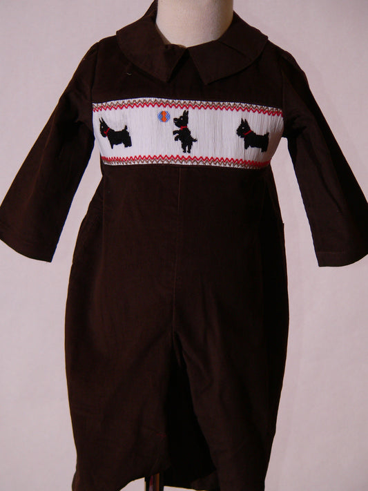 Brown Corduroy Dog Smocked Boy Long Overall