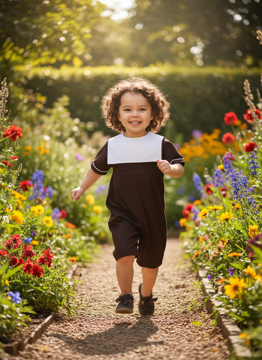 Brown Corduroy Boy Romper With Squared Collar Monogramable