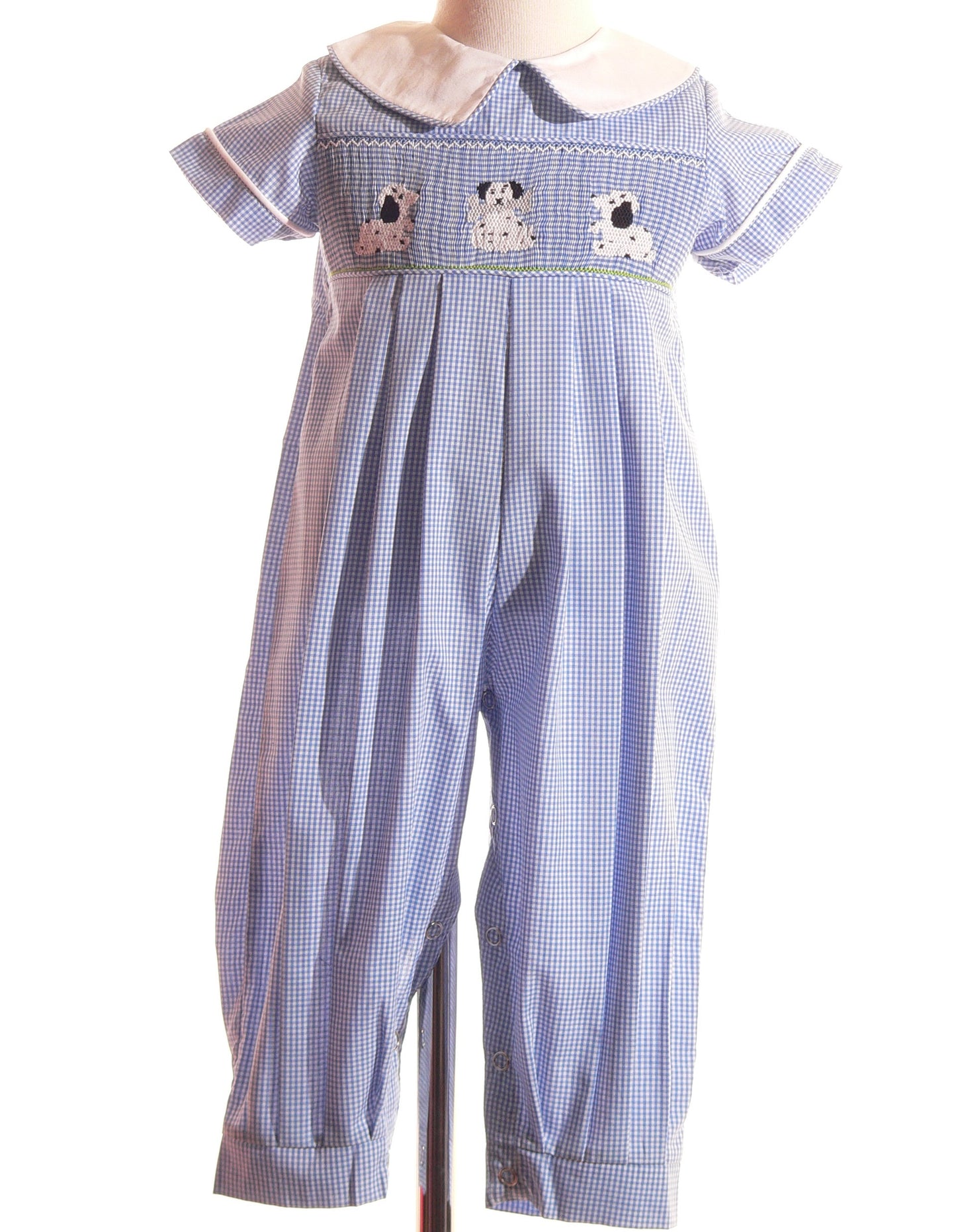Blue Gingham Peter Pan Collar Romper Featuring PUPPIES Smocked