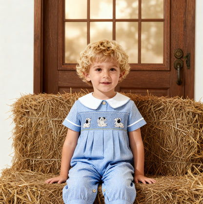 Blue Gingham Peter Pan Collar Romper Featuring PUPPIES Smocked