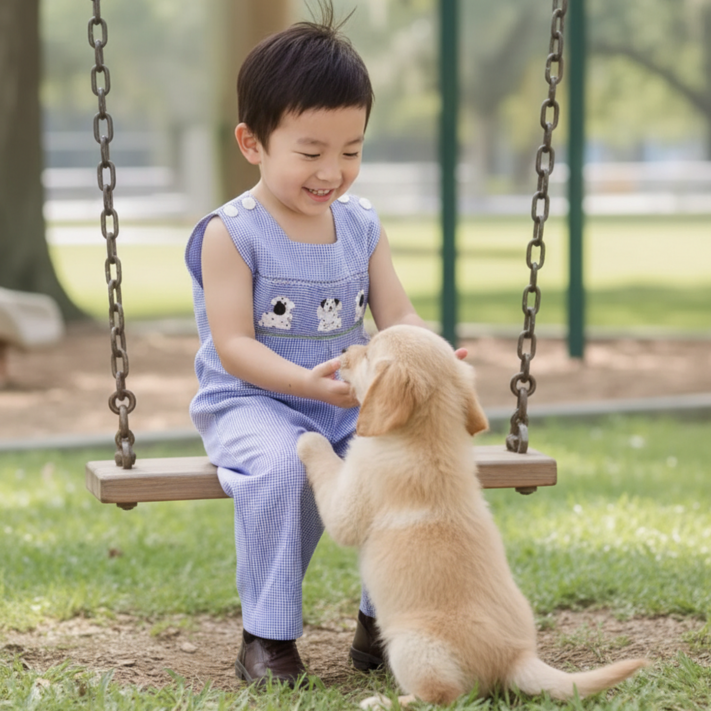 Blue Gingham PUPPIES Smocked Long Jon Jon