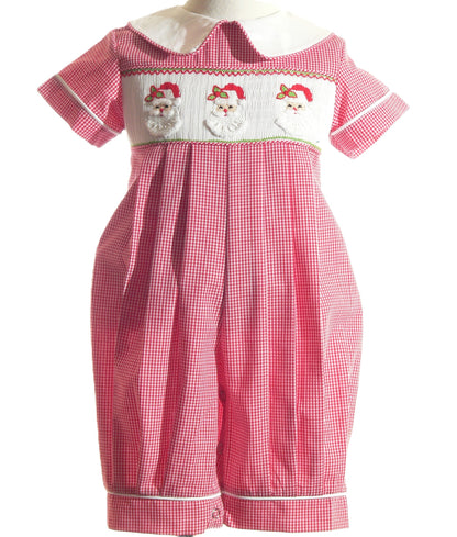 Red Gingham Boy Romper Smocked With SANTA FACES