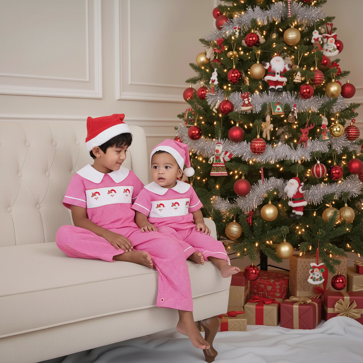 Red Gingham Boy Romper With White Peter Pan Collar and SANTA FACES Smocked
