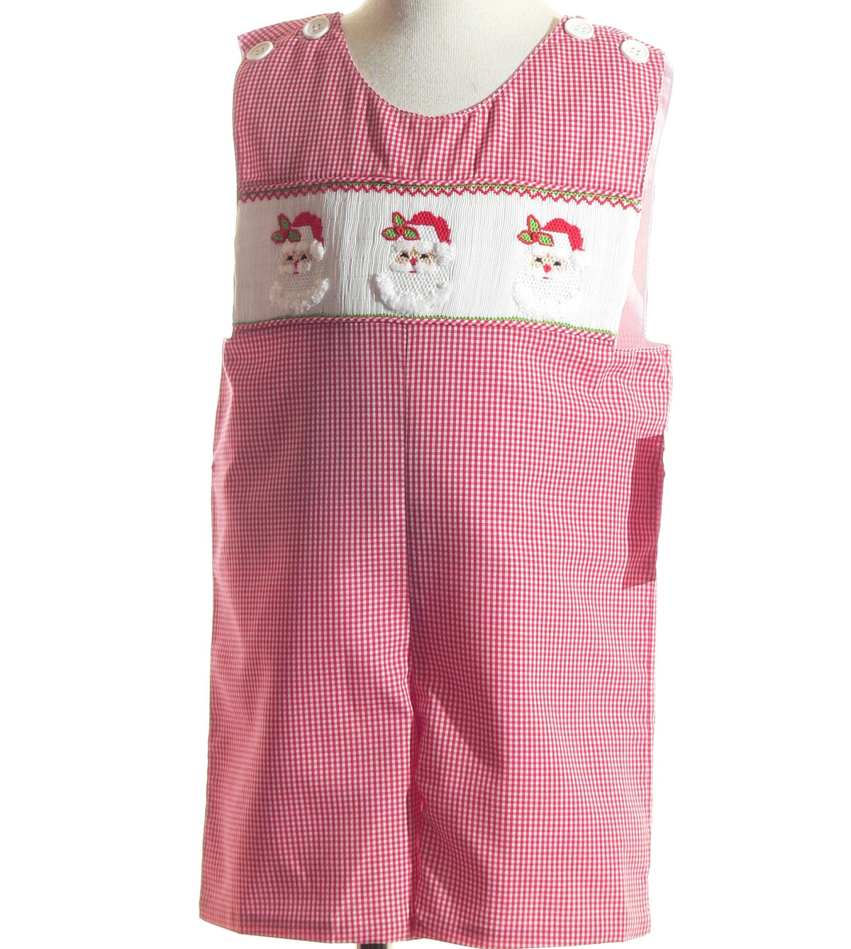 Red Gingham Boy Romper Smocked With SANTA FACES