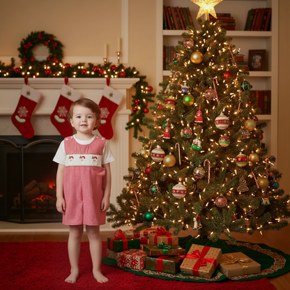 Red Gingham Boy Romper Smocked With SANTA FACES