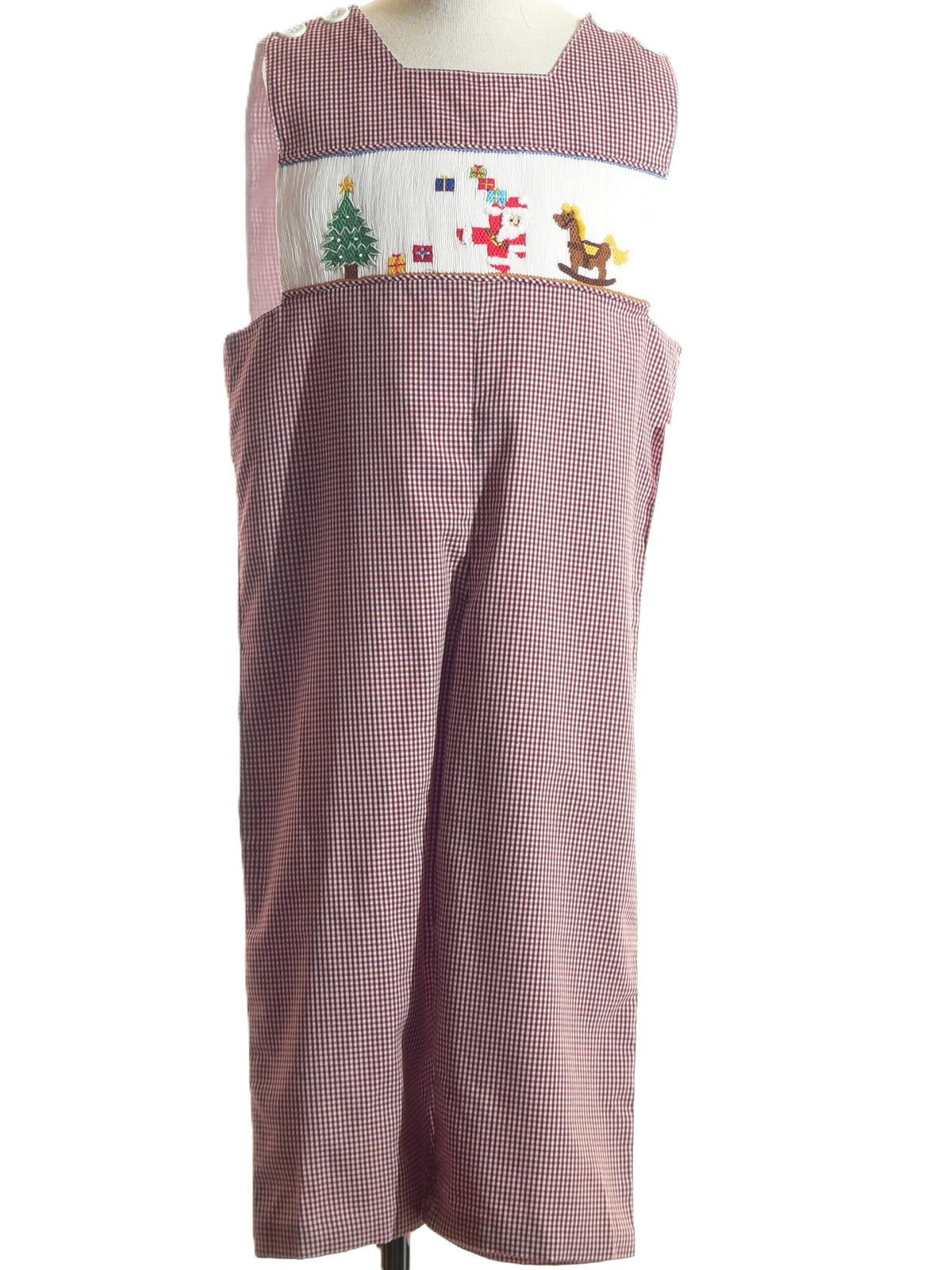 Red Gingham Boy Longall Smocked With SANTA, CHRISTMAS TREE & ROCKING HORSE