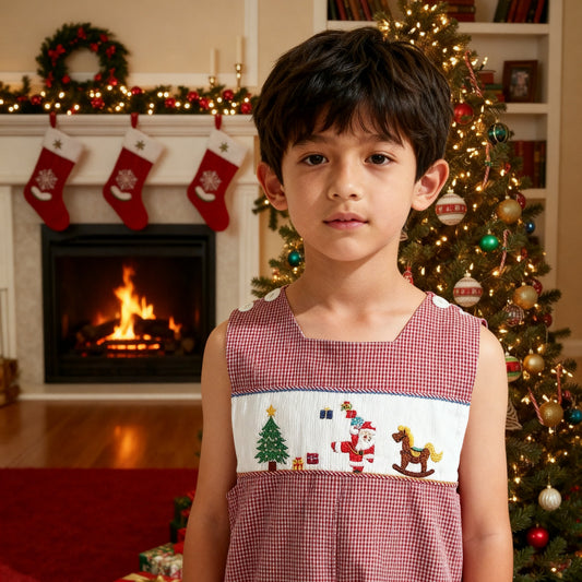 Red Gingham Boy Longall Smocked With SANTA, CHRISTMAS TREE & ROCKING HORSE