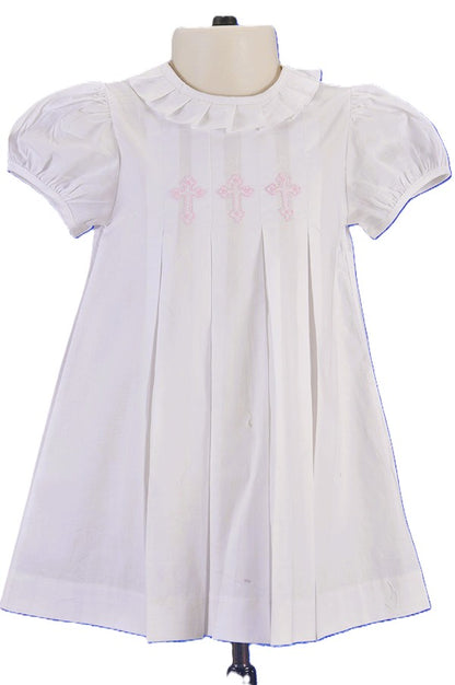 White Cross Hand-Embroidered With Pleated Collar Dress