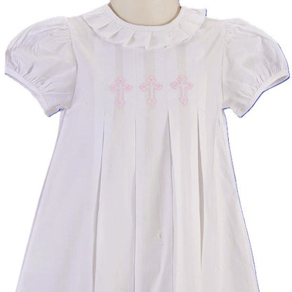 White Cross Hand-Embroidered With Pleated Collar Dress