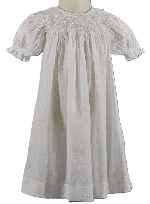 White Swiss Dot Geometric Smocked with Pearl Short Sleeve Bishop Dress