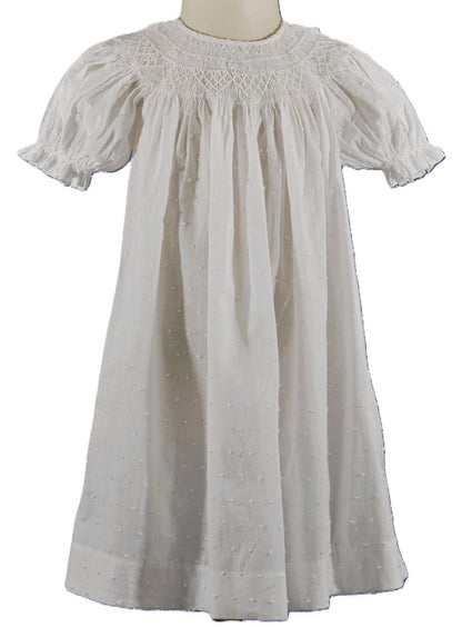 White Swiss Dot Geometric Smocked with Pearl Short Sleeve Bishop Dress
