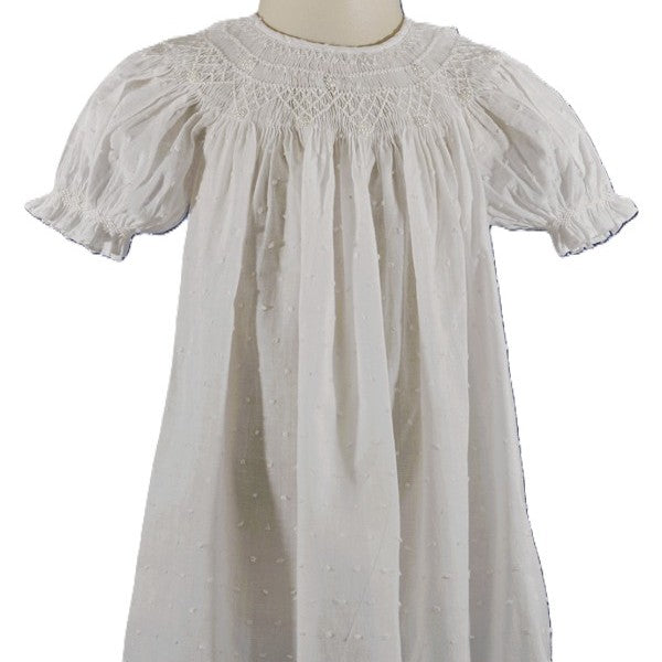 White Swiss Dot Geometric Smocked with Pearl Short Sleeve Bishop Dress