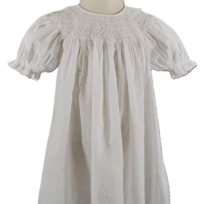 White Swiss Dot Geometric Smocked with Pearl Short Sleeve Bishop Dress