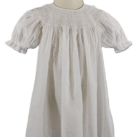 White Swiss Dot Geometric Smocked with Pearl Short Sleeve Bishop Dress