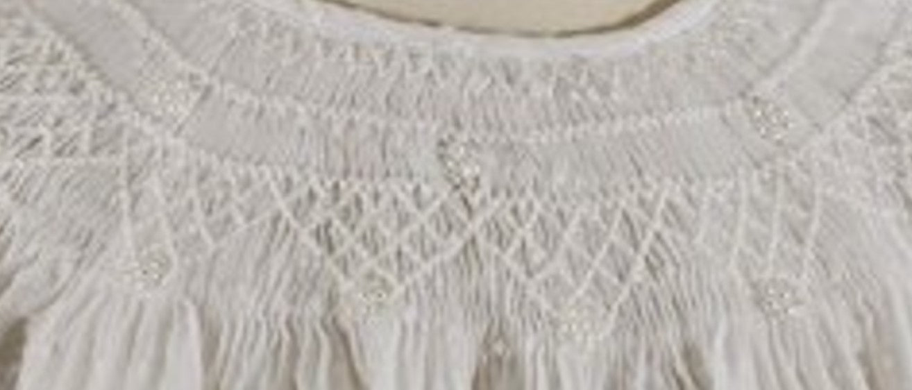 White Swiss Dot Geometric Smocked with Pearl Short Sleeve Bishop Dress