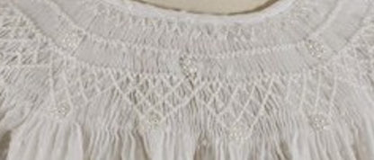 White Swiss Dot Geometric Smocked with Pearl Short Sleeve Bishop Dress