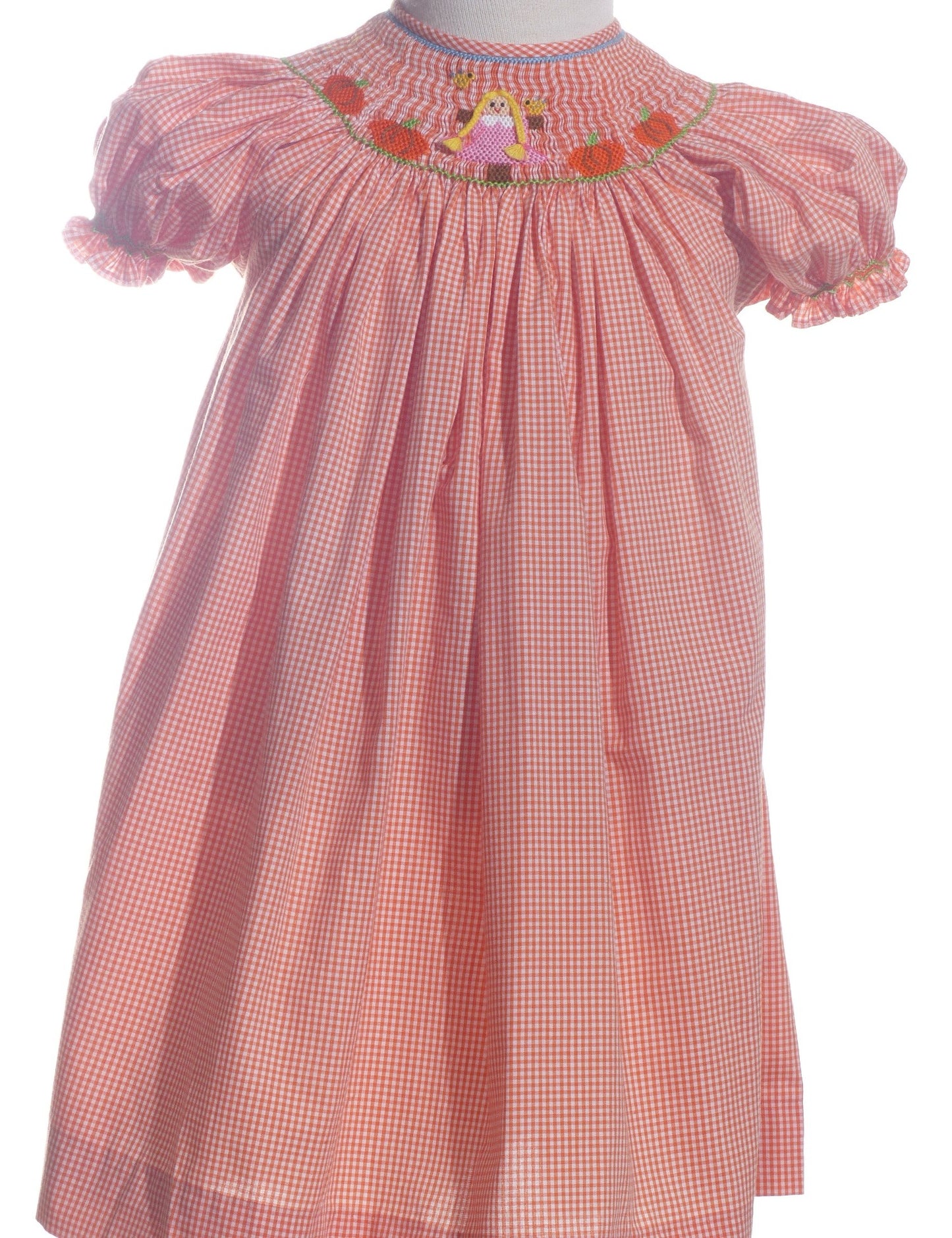 Orange Gingham Short Bishop Sleeve Dress featuring GIRL WITH BRAIDED HAIR & PUMPKINS Smocked