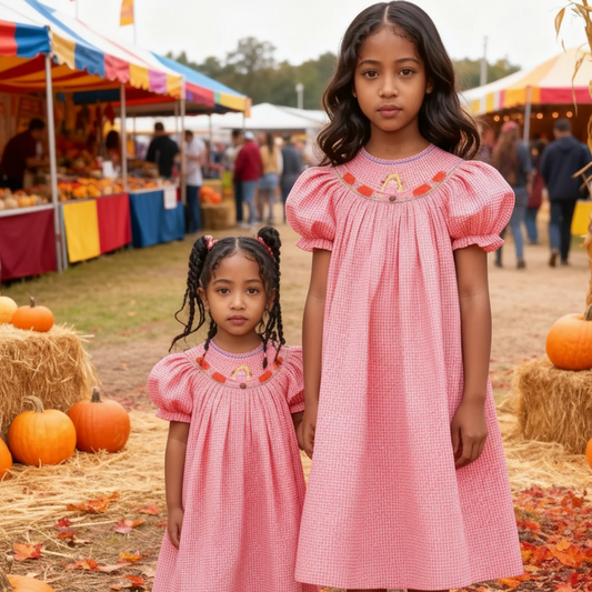 Orange Gingham Short Bishop Sleeve Dress featuring GIRL SCARECROW Smocked