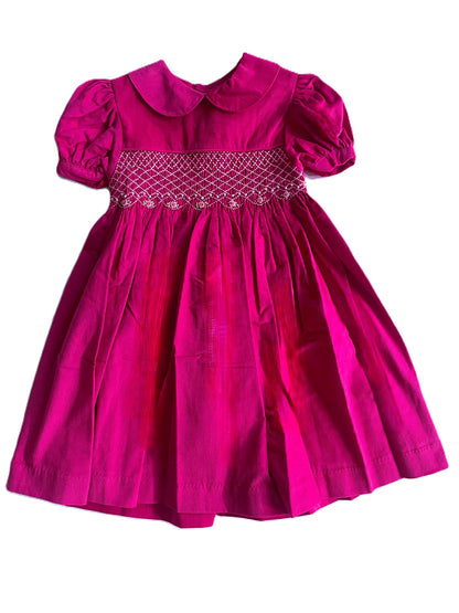 Pink Corduroy Geo Smocked With Roses Short Sleeve Bishop Dress