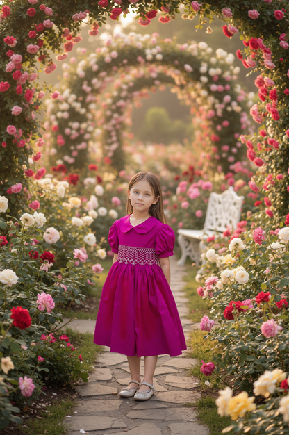 Pink Corduroy Geo Smocked With Roses Short Sleeve Bishop Dress
