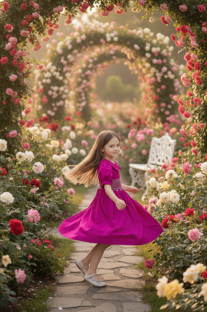 Pink Corduroy Geo Smocked With Roses Short Sleeve Bishop Dress