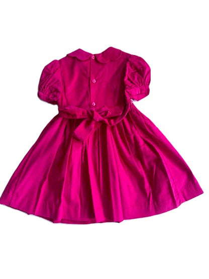 Pink Corduroy Geo Smocked With Roses Short Sleeve Bishop Dress