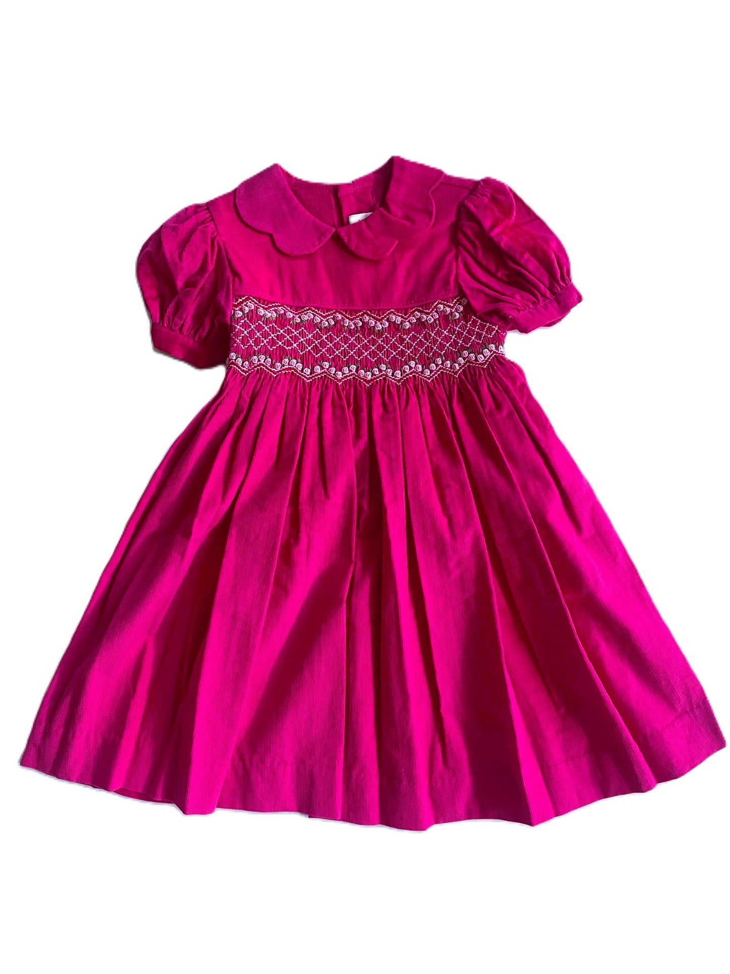 Pink Corduroy Geo Smocked With Roses Short Sleeve Bishop Dress