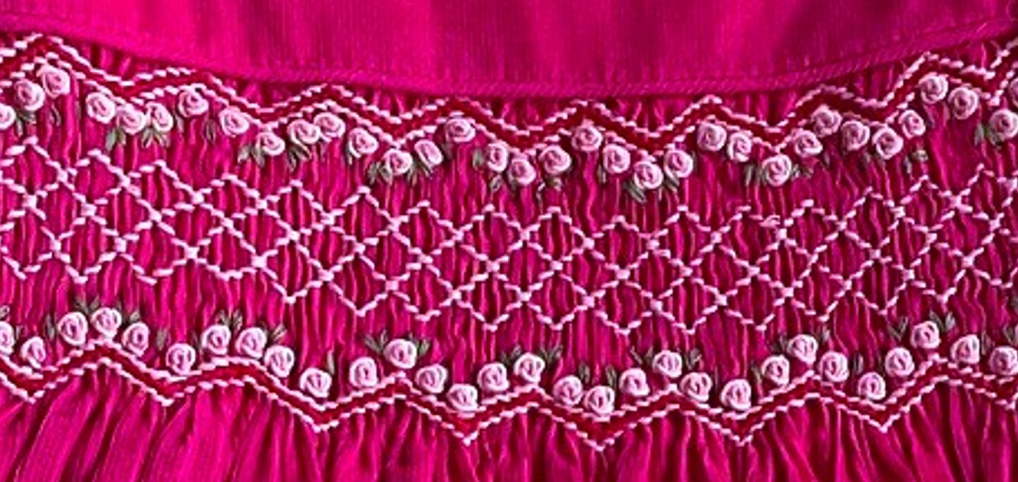 Pink Corduroy Geo Smocked With Roses Short Sleeve Bishop Dress