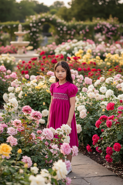 Pink Corduroy Geo Smocked With Roses Short Sleeve Bishop Dress