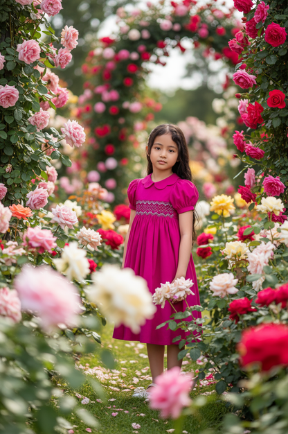 Pink Corduroy Geo Smocked With Roses Short Sleeve Bishop Dress