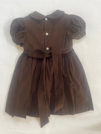 Brown Corduroy Geo Smocked With Flowes Short Sleeve Bishop Dress