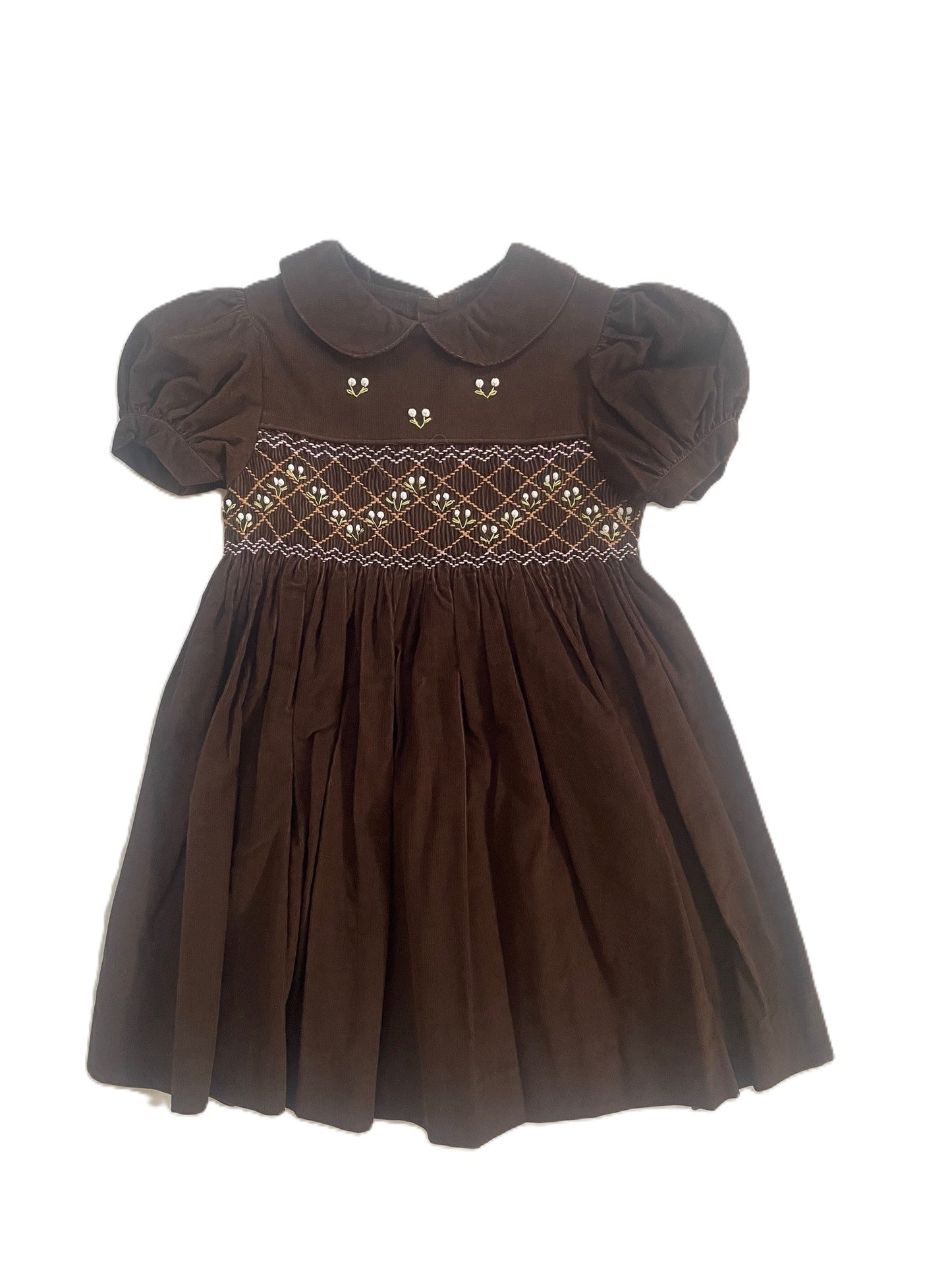 Brown Corduroy Geo Smocked With Flowes Short Sleeve Bishop Dress