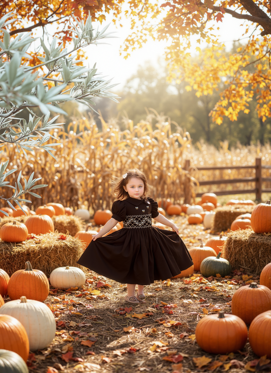 Brown Corduroy Geo Smocked With Flowes Long Sleeve Bishop Dress