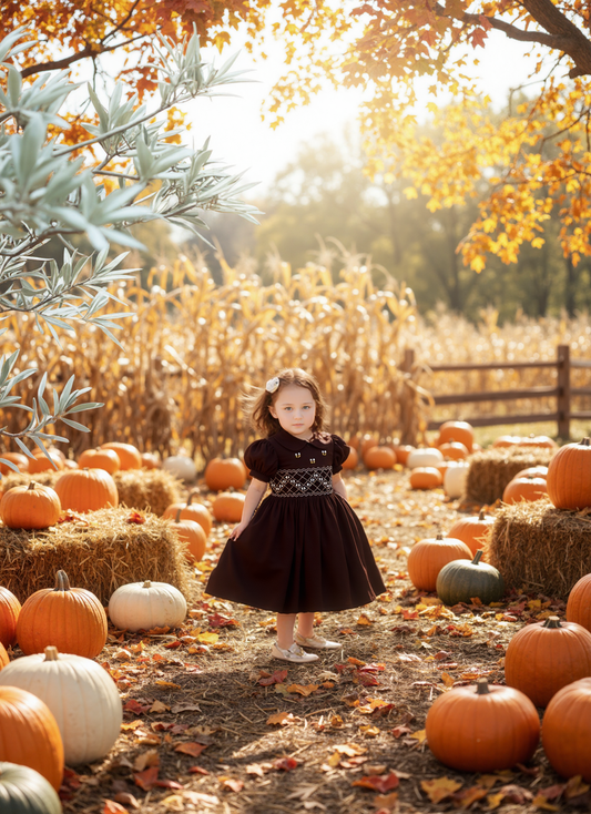 Brown Corduroy Geo Smocked With Flowes Short Sleeve Bishop Dress