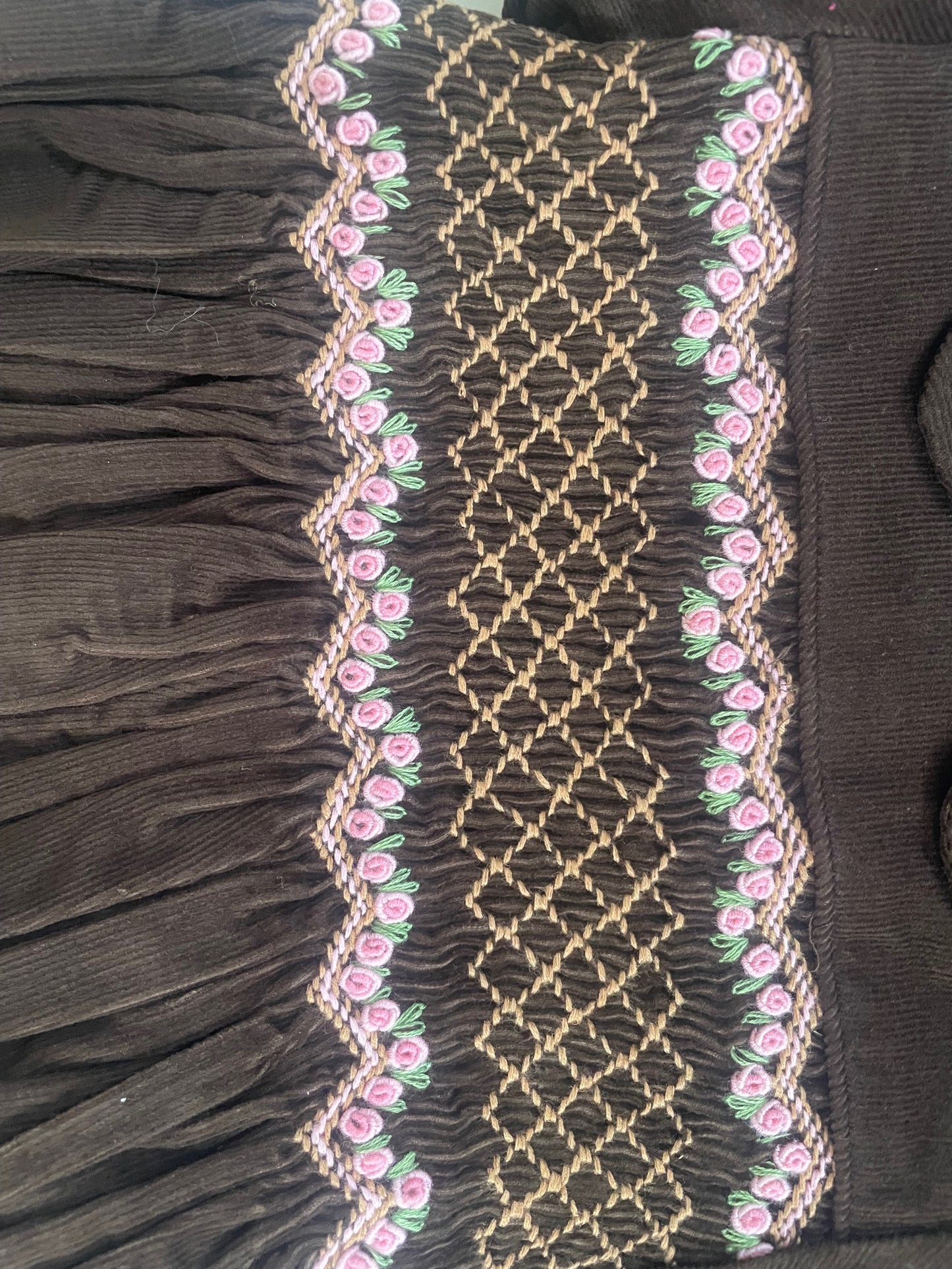 Brown Corduroy Geo Smocked With Roses Short Sleeve Bishop Dress