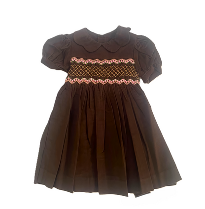 Brown Corduroy Geo Smocked With Roses Short Sleeve Bishop Dress