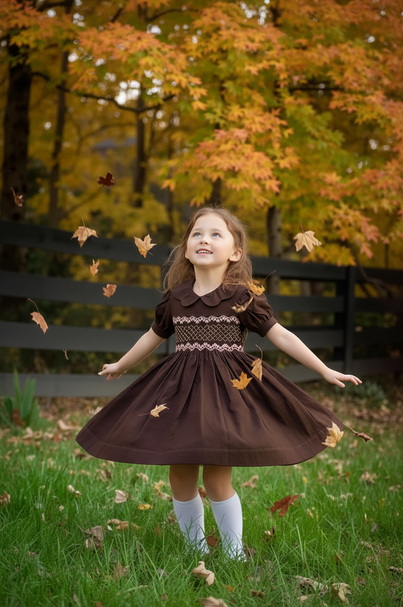 Brown Corduroy Geo Smocked With Roses Short Sleeve Bishop Dress
