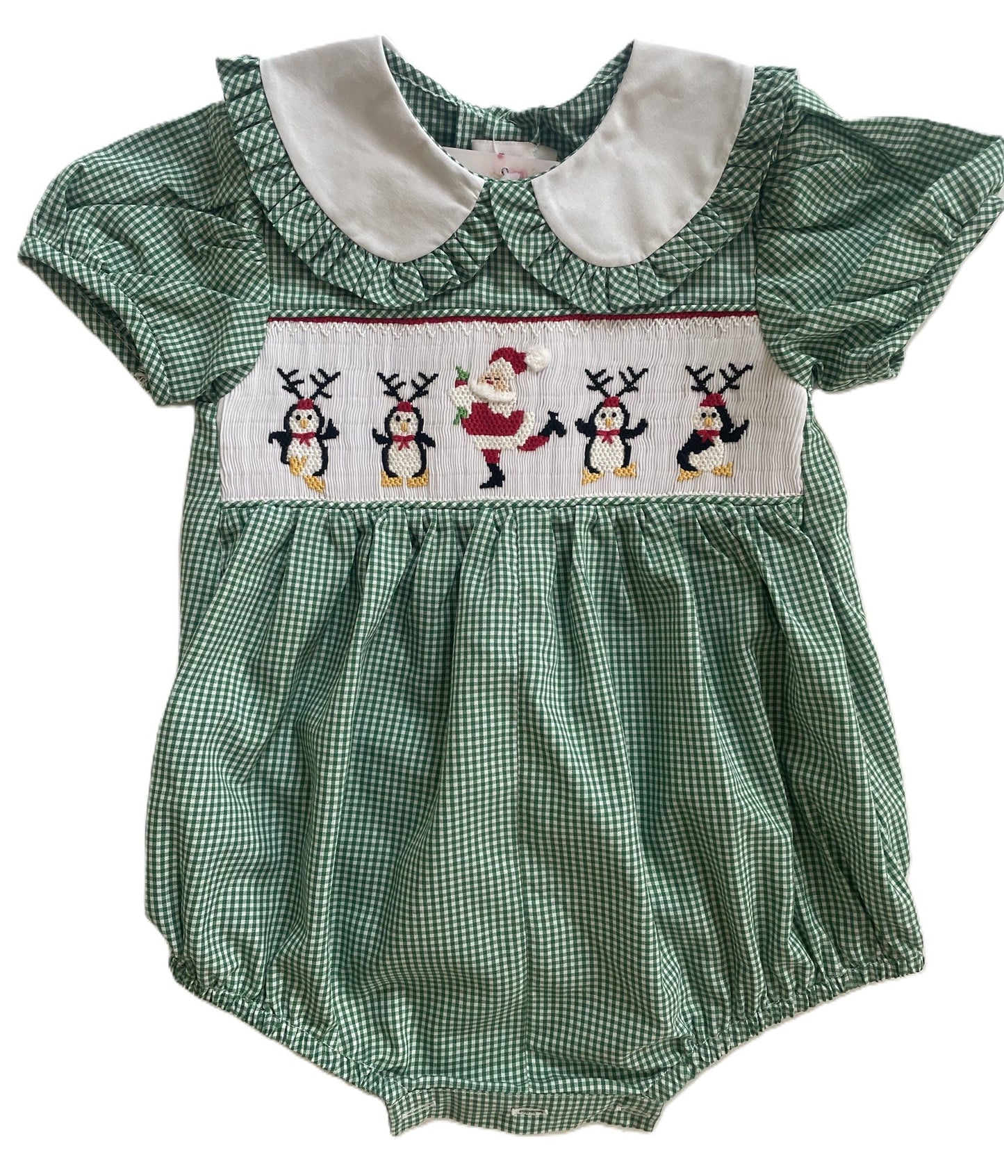 Green Gingham SANTA DANCING Smocked Short Sleeve Bubble Romper