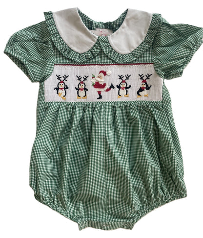 Green Gingham SANTA DANCING Smocked Short Sleeve Bubble Romper