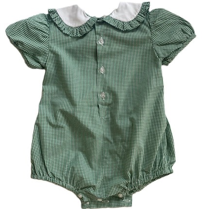 Green Gingham SANTA DANCING Smocked Short Sleeve Bubble Romper