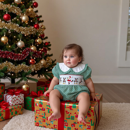 Green Gingham SANTA DANCING Smocked Short Sleeve Bubble Romper