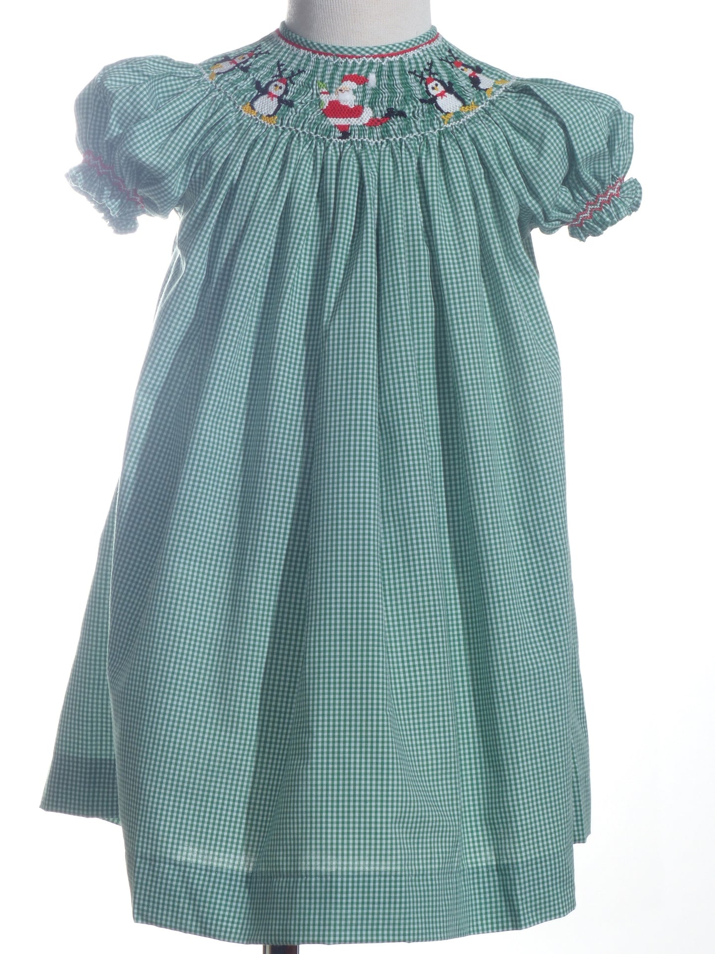 Green Gingham Short-Sleeve Bishop Dress With DANCING SANTA Hand-Smocked