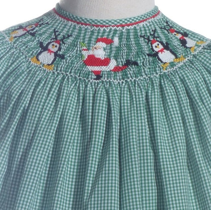 Green Gingham Short-Sleeve Bishop Dress With DANCING SANTA Hand-Smocked