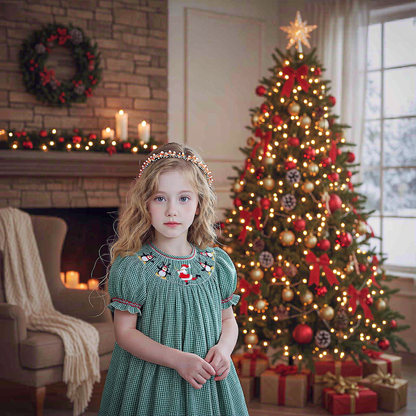 Green Gingham Short-Sleeve Bishop Dress With DANCING SANTA Hand-Smocked
