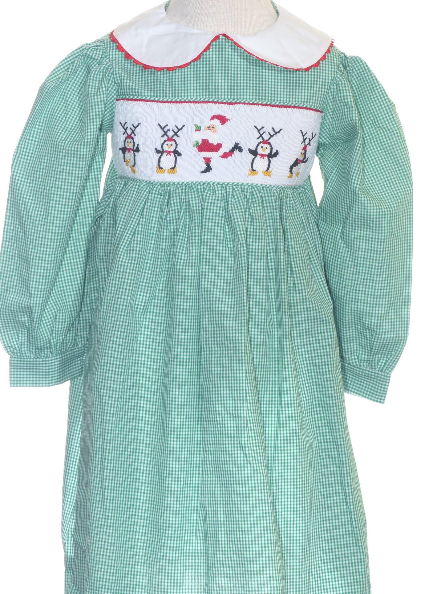 Green Gingham SANTA DANCING Smocked Long Sleeve Dress