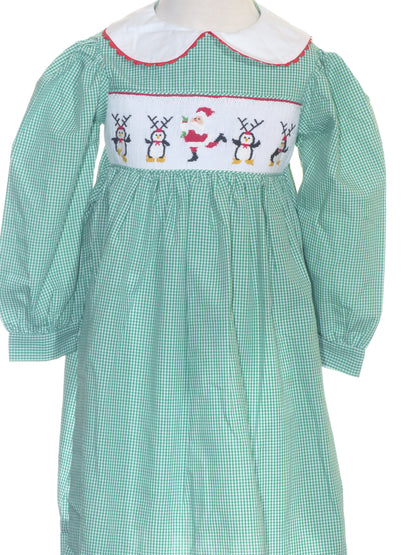 Green Gingham SANTA DANCING Smocked Long Sleeve Dress