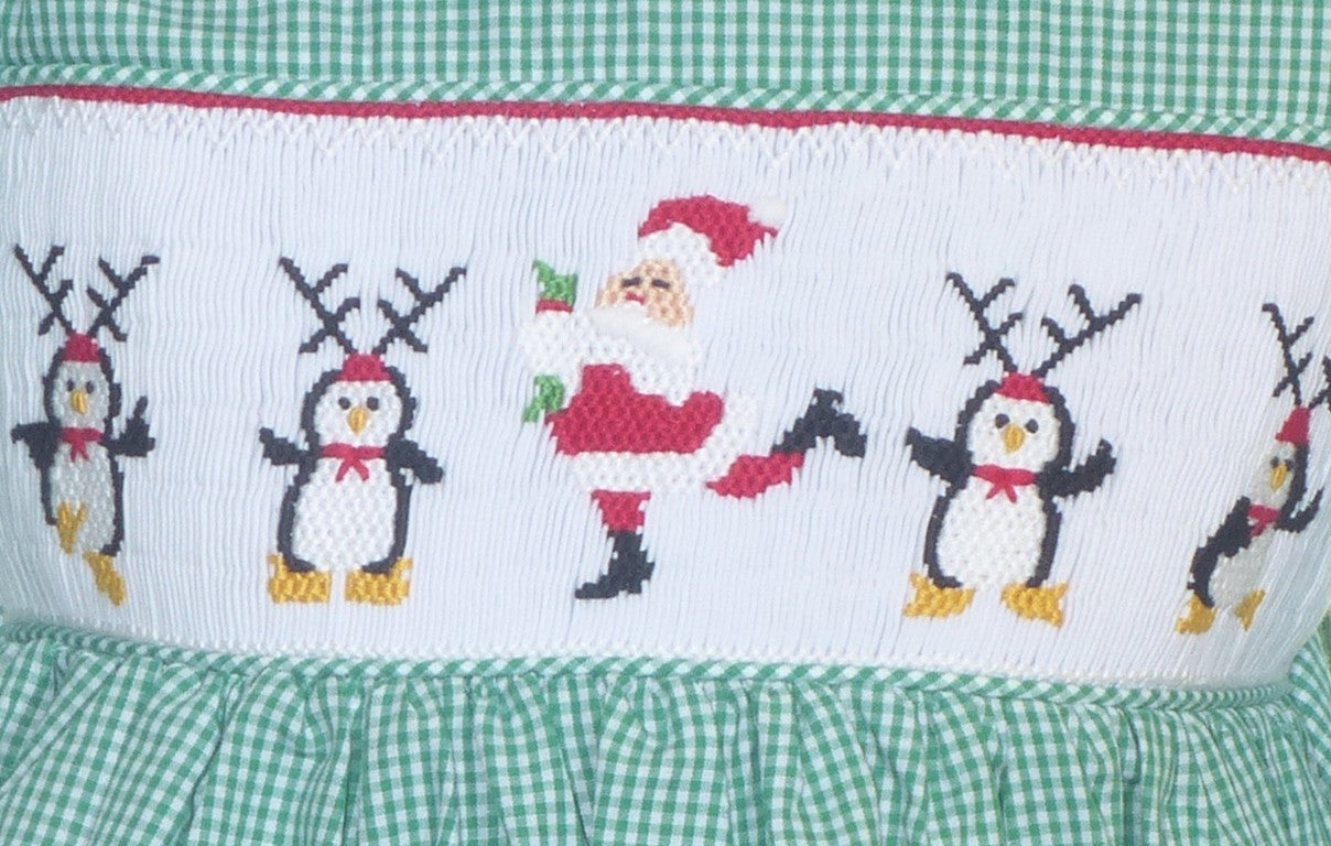 Green Gingham SANTA DANCING Smocked Long Sleeve Dress